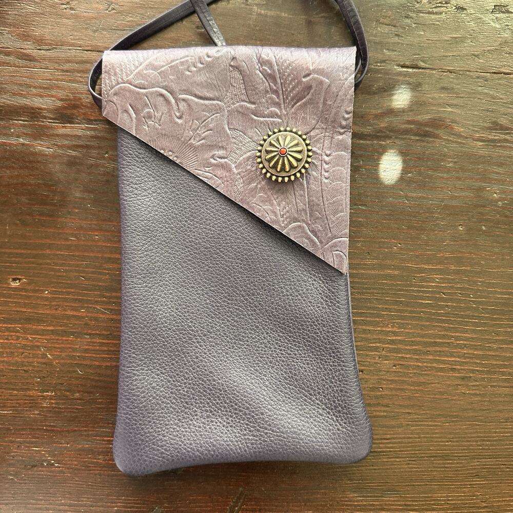 Hand Made Phone Crossbody Wallet Bag Purple Festival Floral Embossed Leather